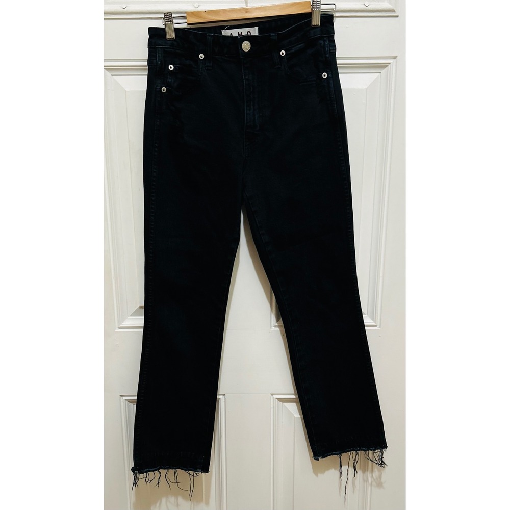 AMO Womens High‎ Rise Straight Leg Crop Frayed Hem Black Denim Jeans
